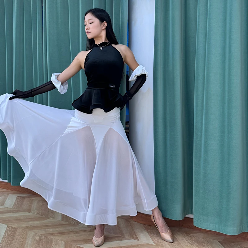 Elegante Ballroom Dance Kleidung Frauen Walzer Leistung Kostüm Schwarz Samt Tops Weiß Langen Rock Prom Wettbewerb Kleid BL17010
