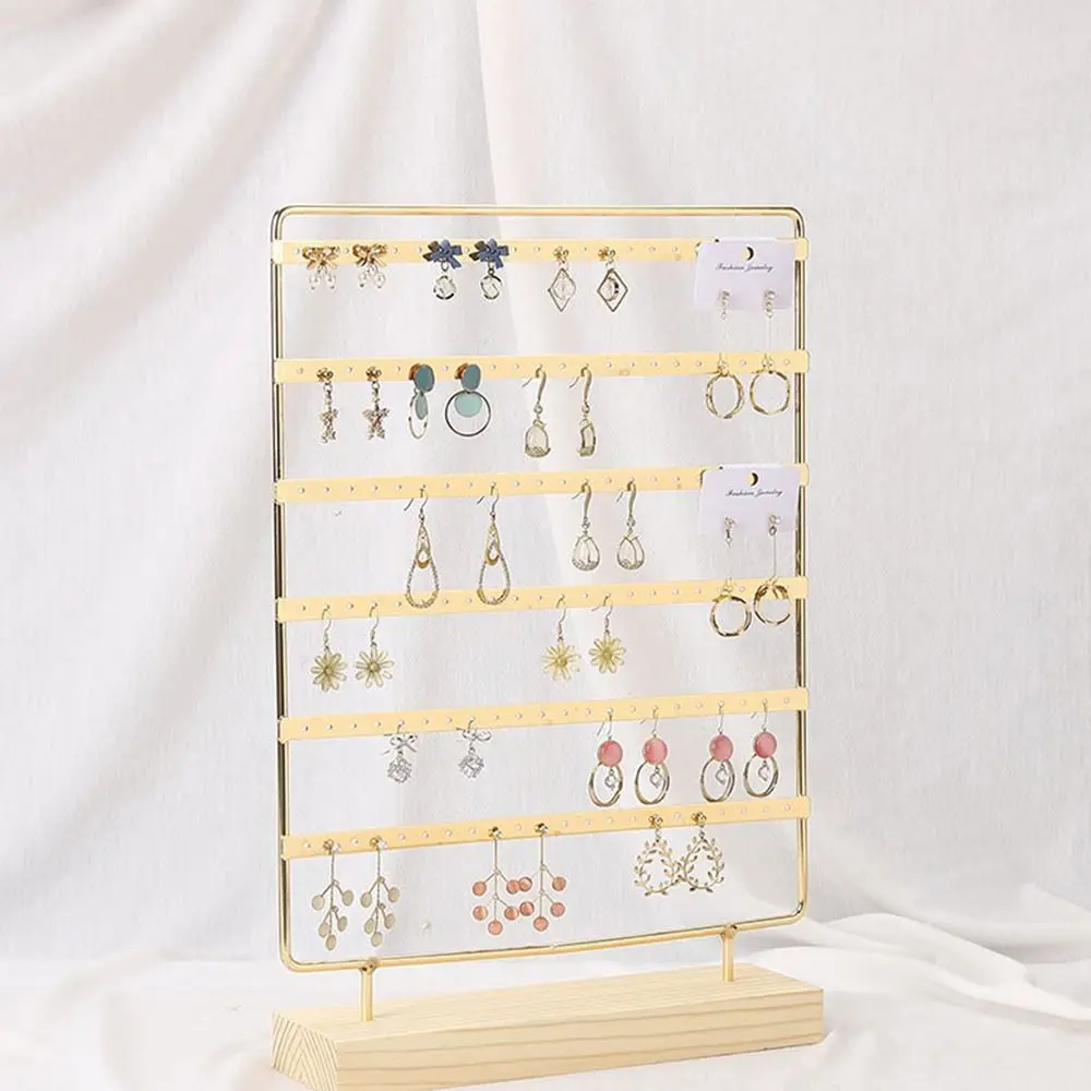 

6-Tiered Jewelry Display Stand Large Capacity DIY Metal Earring Holder with Wooden Base Multi-function Ear Stud Rack