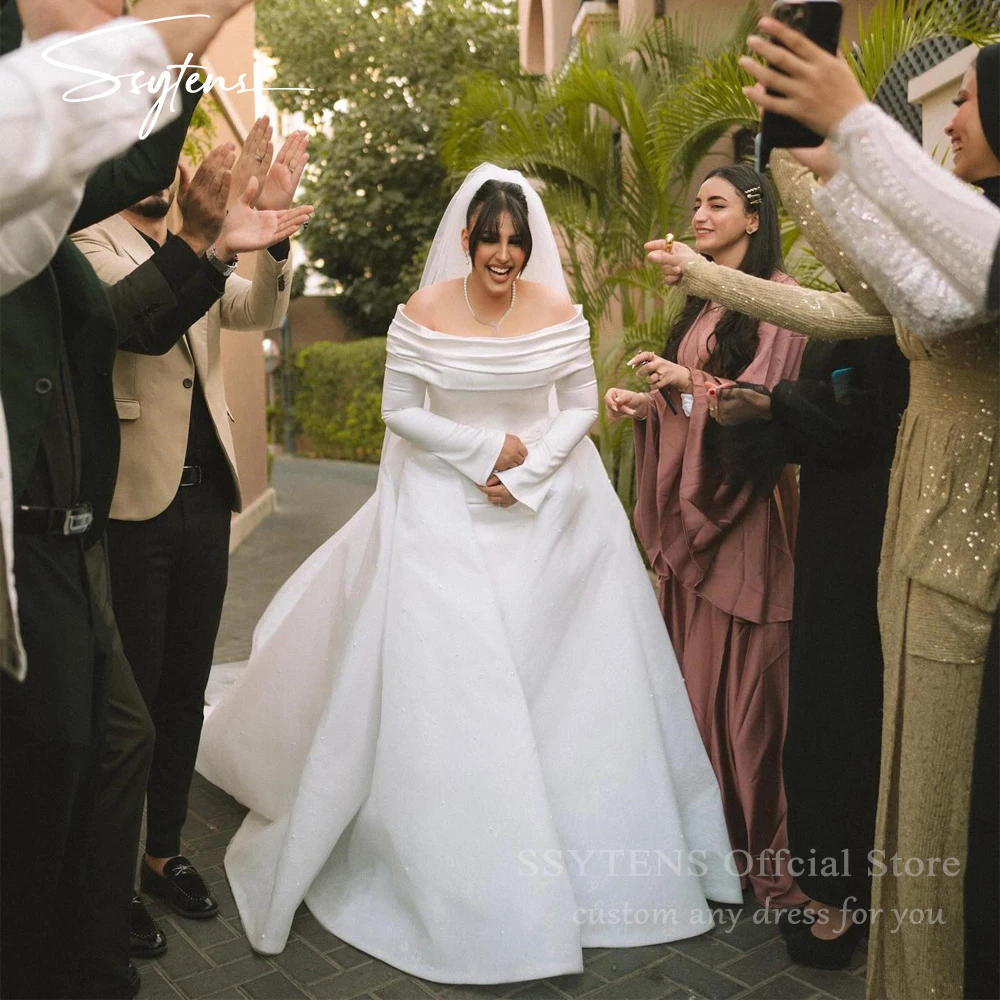 

SSYTENS Elegant Off Shoulder Wedding Dresses Plus Size Bride Satin Bride Gown with Train vestidos novias Bridal Gowns Customized
