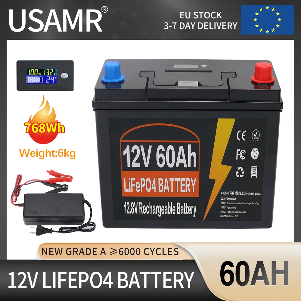 

12 В 60 Ач LiFePo4 Батарея Встроенные литий-железо-фосфатные элементы BMS 6000 + срок службы циклов для кемперов на колесах Гольф-каров Солнечная с зарядным устройством