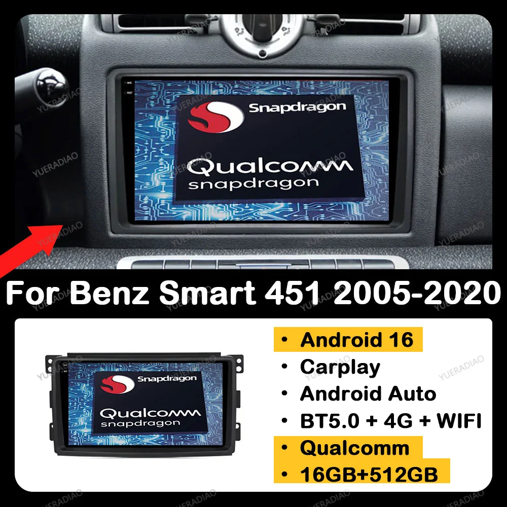 Android 16 Autoradio für Benz Smart Fortwo 451 2005 - 2010 Head Unit 4G LTE 5G WIFI Qualcomm Multimedia Stereo Videoplayer QLED