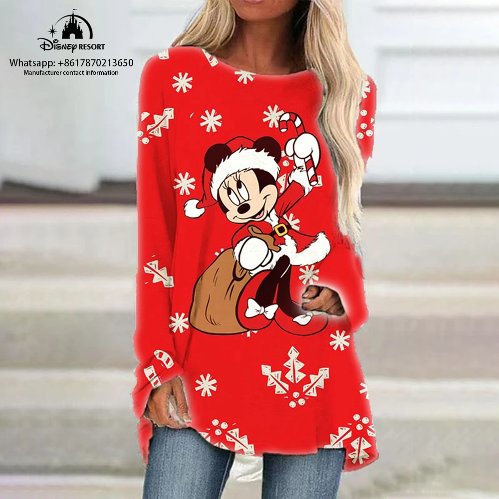 Autumn Christmas New Ladies Round Neck Loose Long Sleeve T-Shirt Disney Minnie Anime Fashion Casual Raglan Sleeve Dress