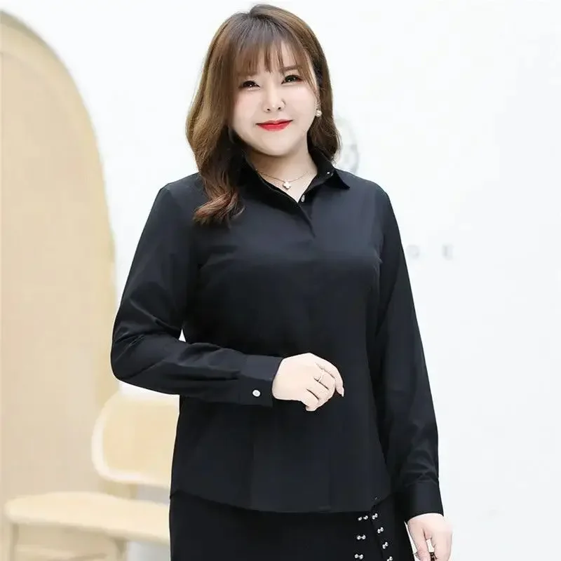 Long Sleeve Office Blouse for Women, Casual Bodysuit Tops, Wrinkle Resistant, Korean Silky, Plus Size, Black, Summer