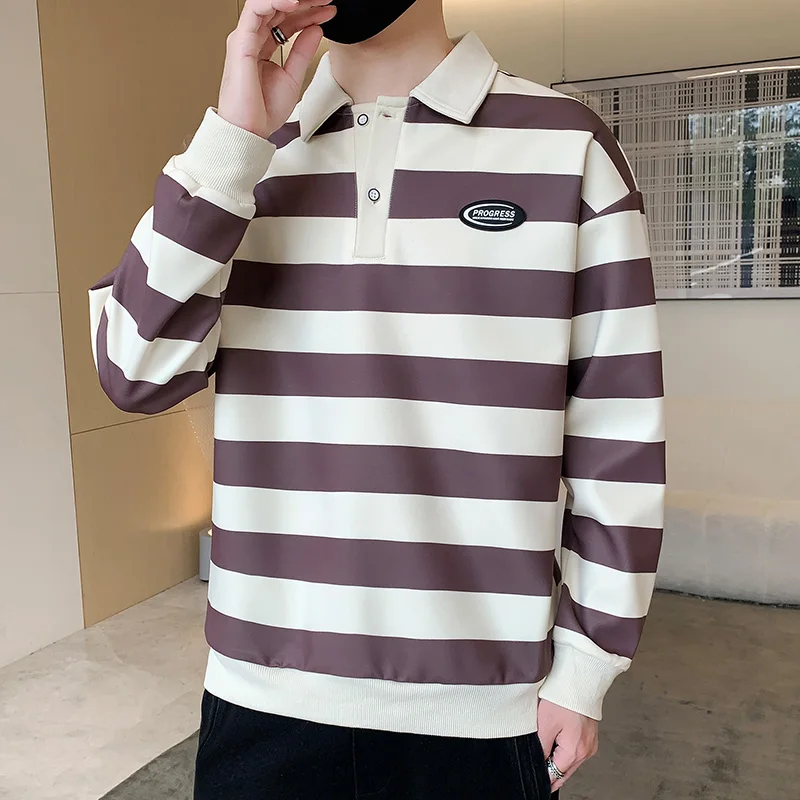 Commute Basic Striped T-shirts Spring Autumn Polo-Neck Button Men\'s Clothing Long Sleeve Korean Patch Designs Loose Polo Shirts