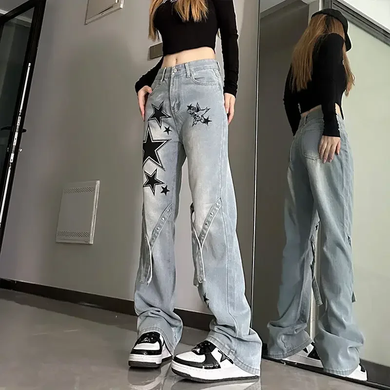 Jeans da donna a gamba larga Pantaloni da cowboy con motivo grafico a stella per donna con stampa Grunge Y2k Pantaloni Xxl elasticizzati all'ingrosso vibranti