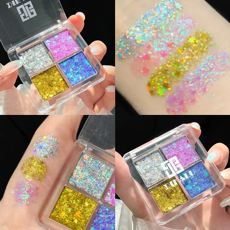 Palette de fards à paupières à paillettes 4 couleurs, nuances citrouille et cerise, tons bleu/or/jaune pour maquillage de cosplay et de fête, vente claire Mini