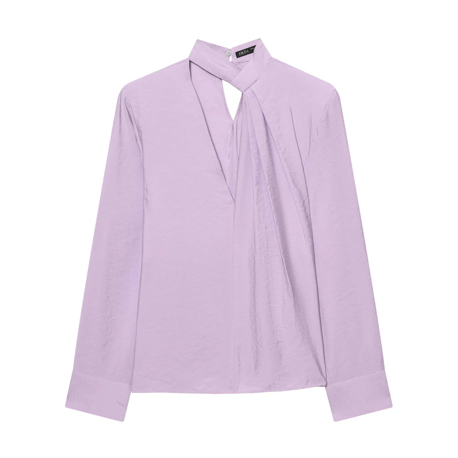 Women Lavender Twist Neck Cut Out Long Sleeved Blouse Ruched Front Casual Fashion Style Shirt For Daily Wear Vacation LSPD