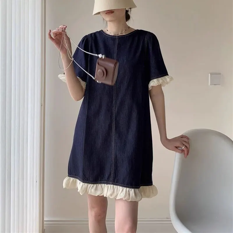 Short Sleeve Lace Denim Dresses Summer Korean Female Clothing Design Stylish Folds Spliced Loose Vintage Straight Mini Dress
