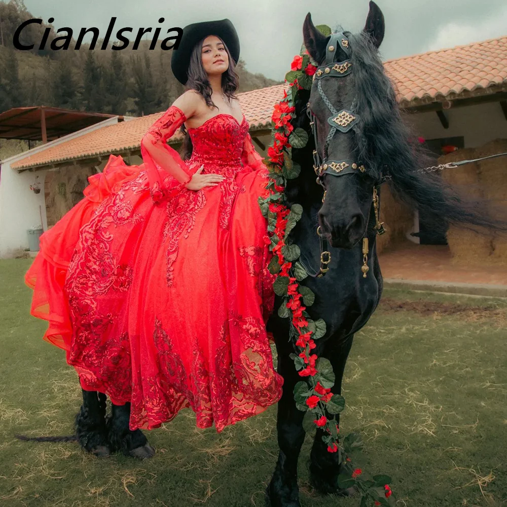 Vestido De baile De quinceañera con manga desmontable, rojo, escote Corazón, apliques De lentejuelas, corsé De encaje, 15 Años