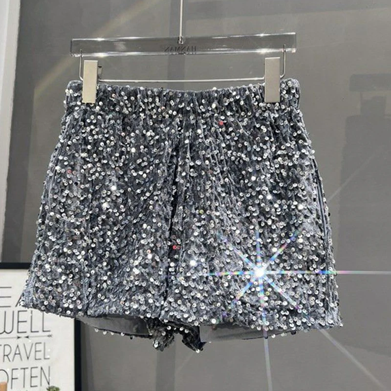 Damen Pailletten-Shorts mit elastischem Bund, glitzernde Hose, schmale Passform, lässige Hose, Nachtclub, Halloween, Festival, Party, Bühnenshow, Y2K-Shorts – Detail 9