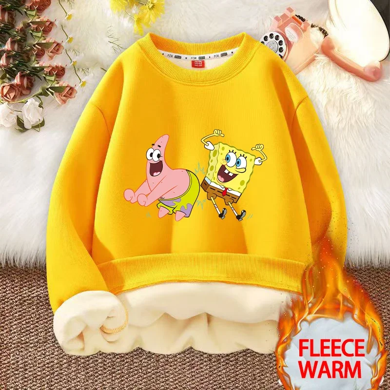 SpongeBob SquarePants Thickened Fleece-lined Boys Girl Sweatshirt Without Hoodie Warm Pullover Round Neck Winter Child Xmas Gift