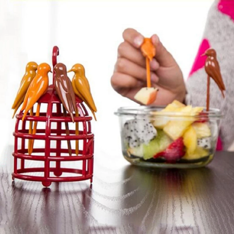 6 Pcs for Creative Birdcage Fruit Fork Toothpick Plastic Stand Holder