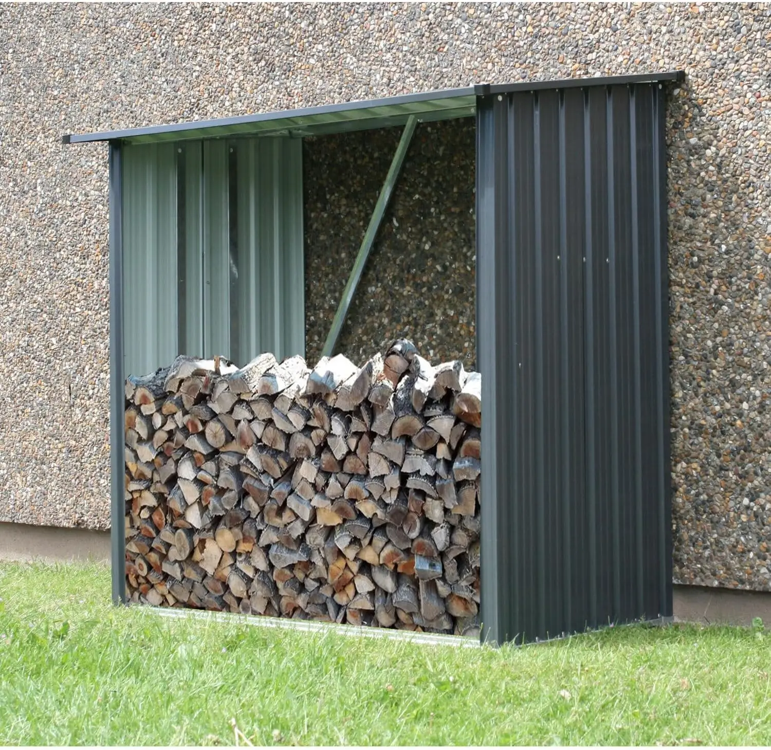 Indoor or Outdoor Steel Firewood Rack, Weather Resistant Open Wood Shed with Sloped Roof for Firewood, Pellet, or Lumber Storage