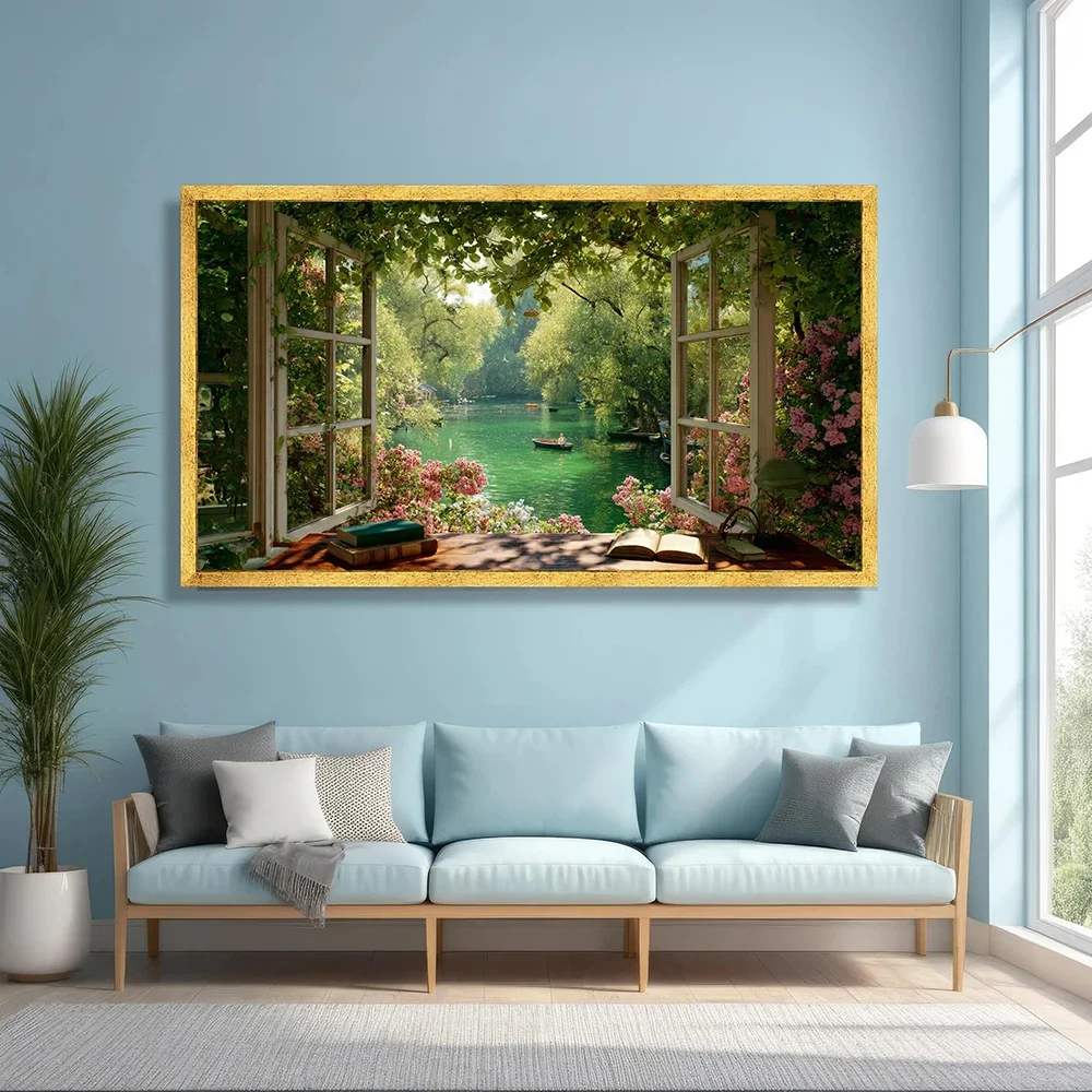 Frameless Canvas PaintingTranquil Lake View Through Open Window Canvas, Floral Garden Wall Art, Peaceful Nature Landscape, Seren