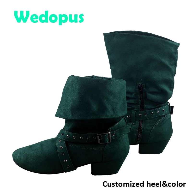

Wedopus 28 Colors Customized Heel Line Dance Suede Boots Dark Green cancan Dance Boot Soft Sole