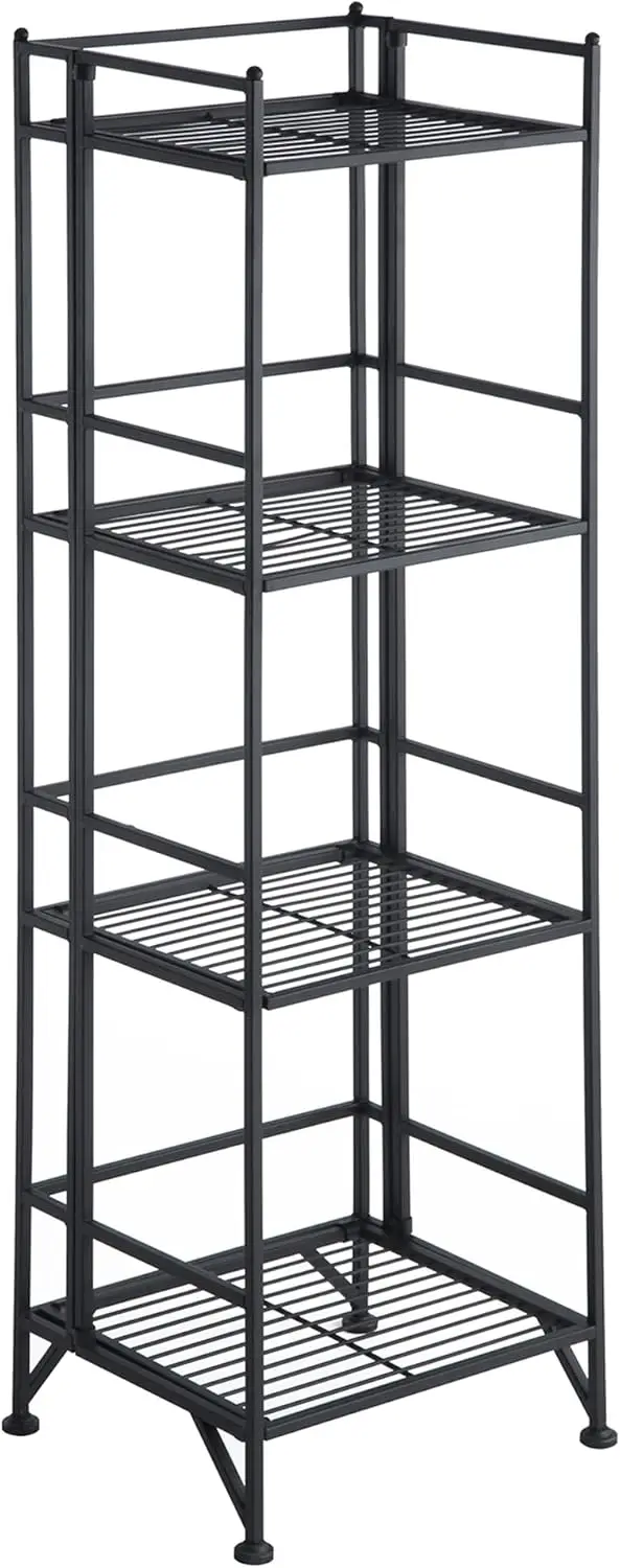 

4-Tier Folding Metal Shelf, Black, Sturdy Storage Rack for Home & Office