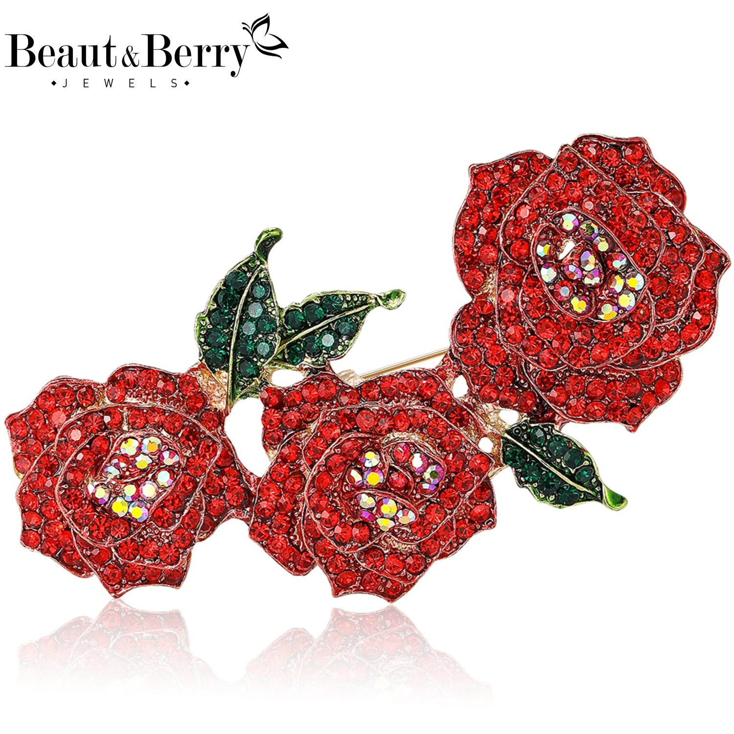 Beaut&Berry Trendy Rhinestones Roses Brooches for Women Unisex Flower Pins Casual Party Jewelry Accessories Gifts Decoration