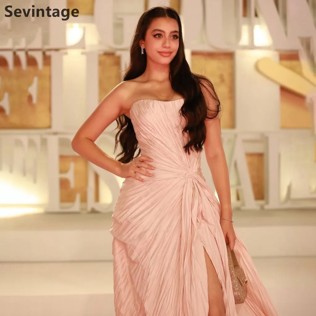 Sevintage 2025 Pink Shinning Silk Mermaid Pleated Maxi Evening Dress Strapless Prom Gown Dubai Women Formal Dress Customized