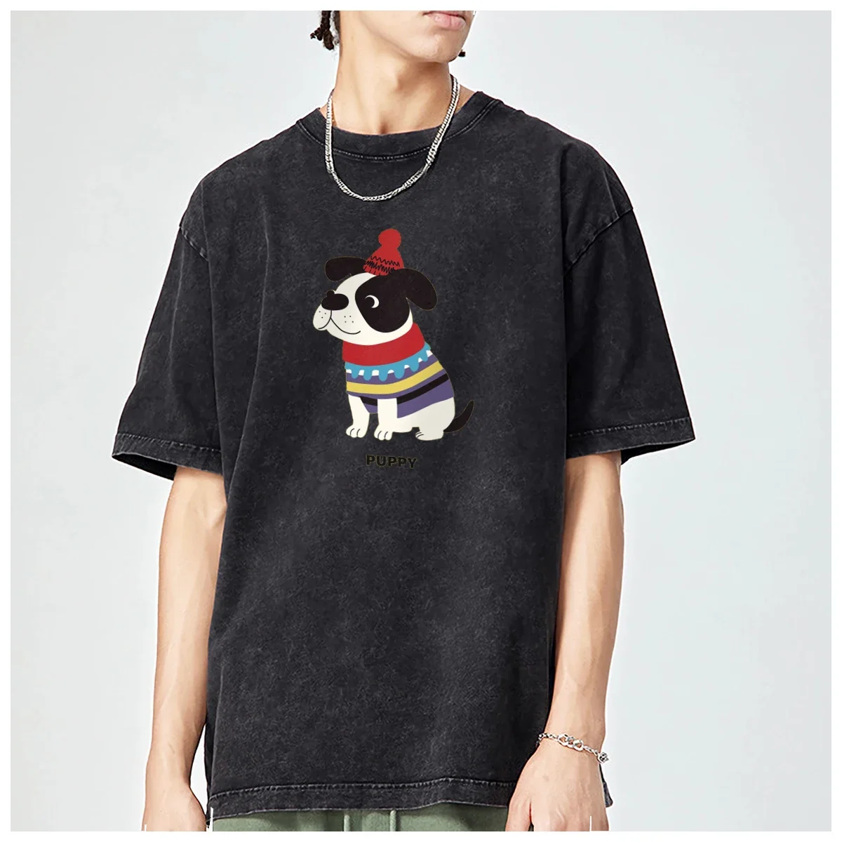 Art Gift Cartoon puppy Cute little dog funny Printed Oversized Printed T shirt mens t-shirt Fashion Casual Vintage Washed Cotton