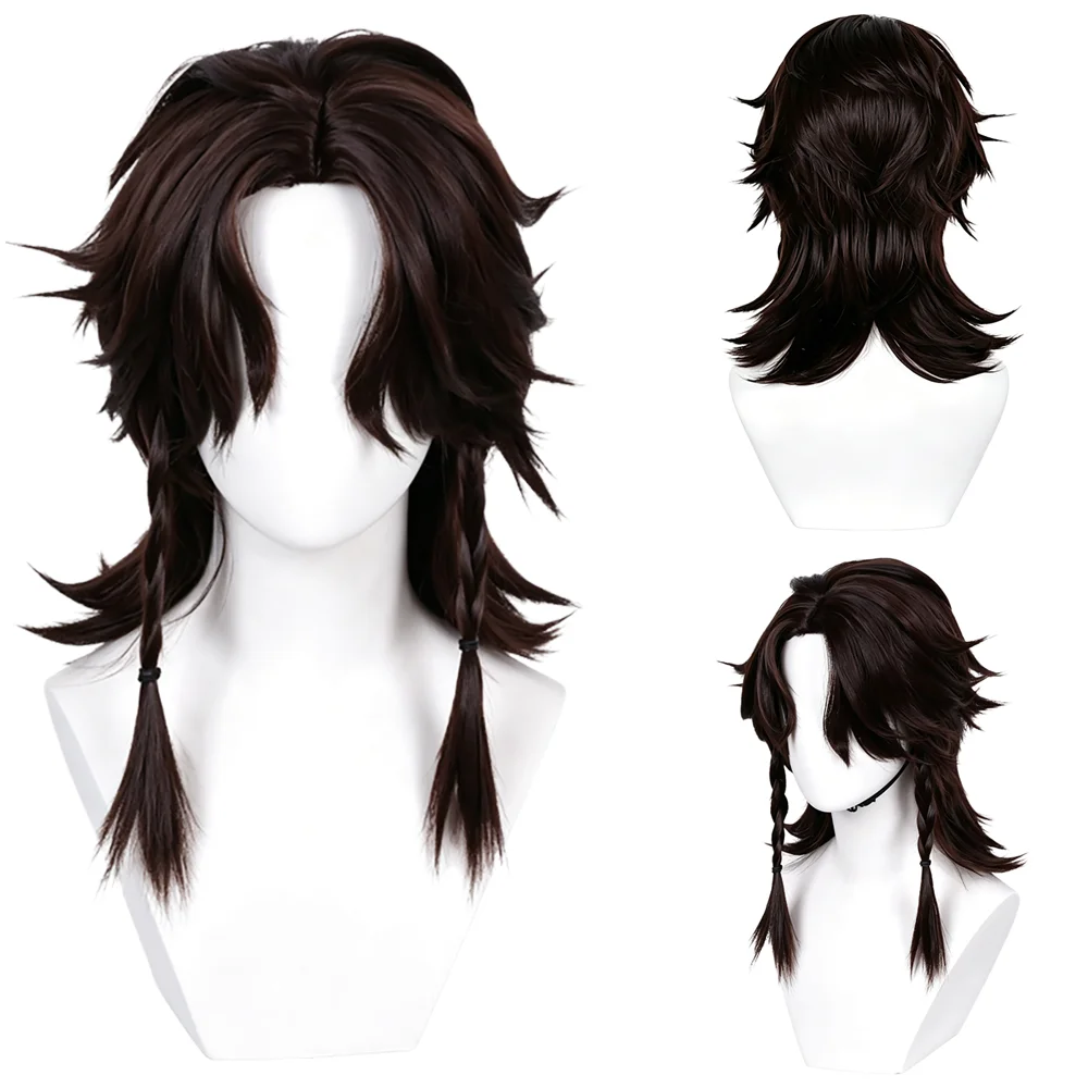 Mullet Wig for Men Women Dark Brown Fluffy Layered Cosplay Wig with Side Braids Anime Wolf Cut Synthetic Hair Heat Resistant