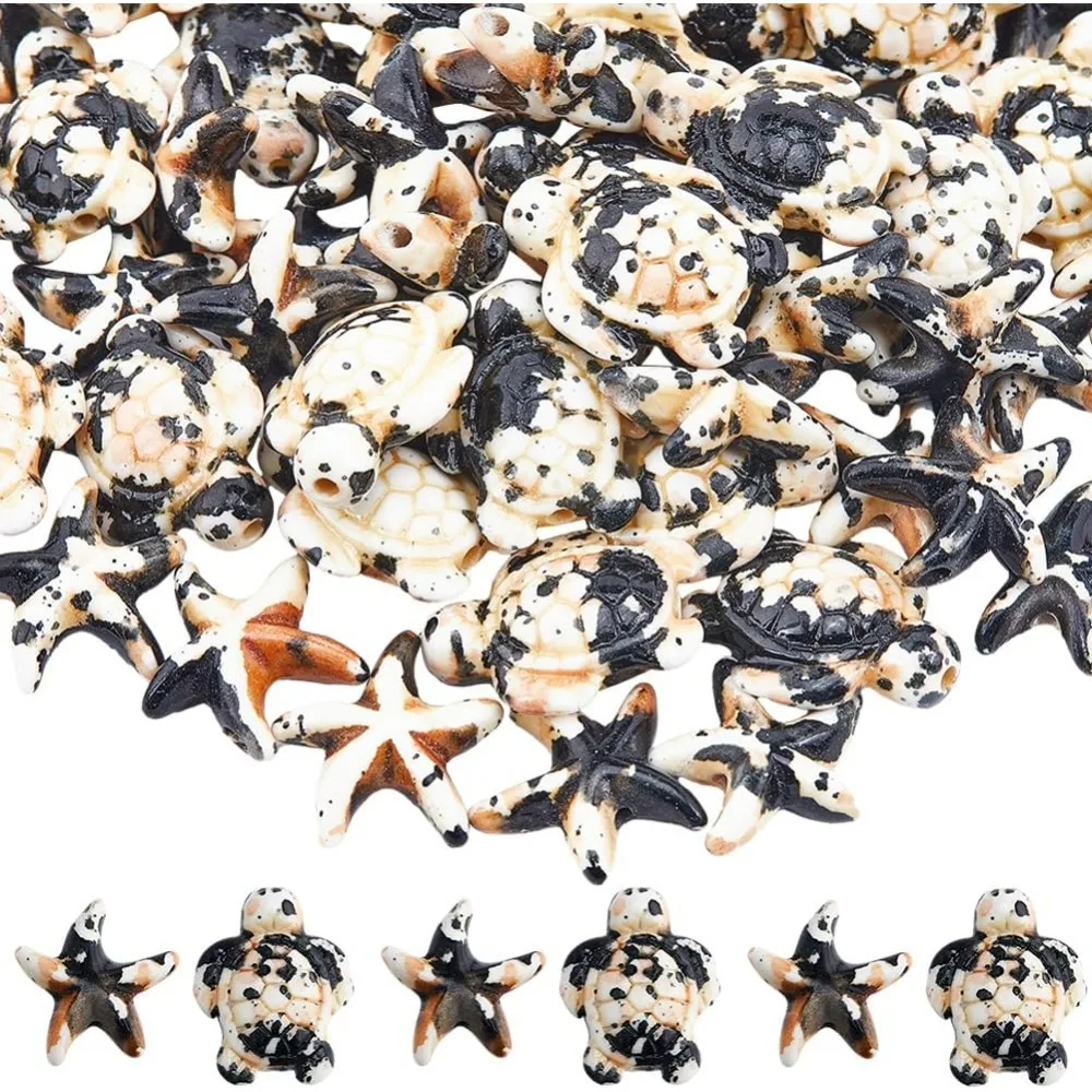 100 pçs 2 estilos turquesa tartaruga contas estrela do mar verão havaí oceano animal vida marinha sorte preto branco pedra preciosa fazendo kit