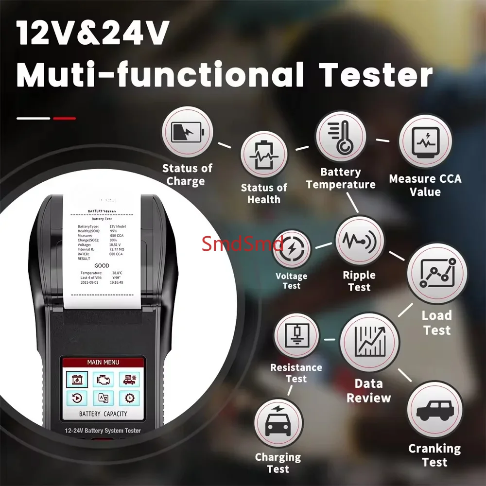 BST600 with Printer Car Battery Tester 12V/24V 100-2000CCA Battery Temperature Load Tester Cranking Charging System Test