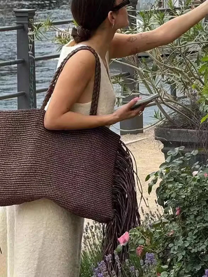 

Summer Beach Large Tote Bag Big Shopper Purse for Vacation Casual Tassel Woven Women Shoulder Bags Handmade Fringe Lady Handbags