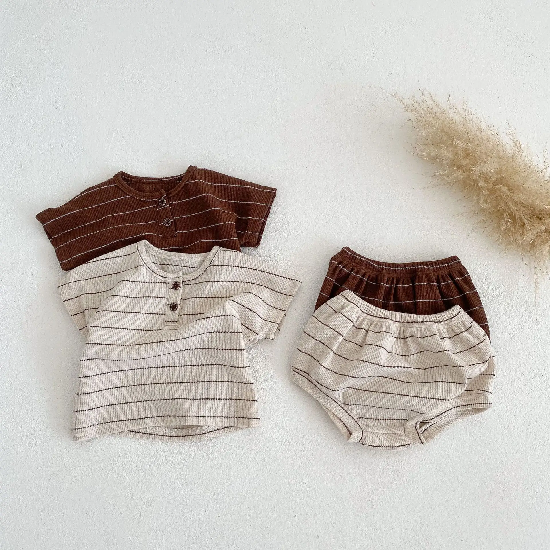 Baby Clothing 2024 New Summer Two-piece Set Korean Style Striped Short-sleeved T-shirt and Shorts Baby Outing Clothes Set