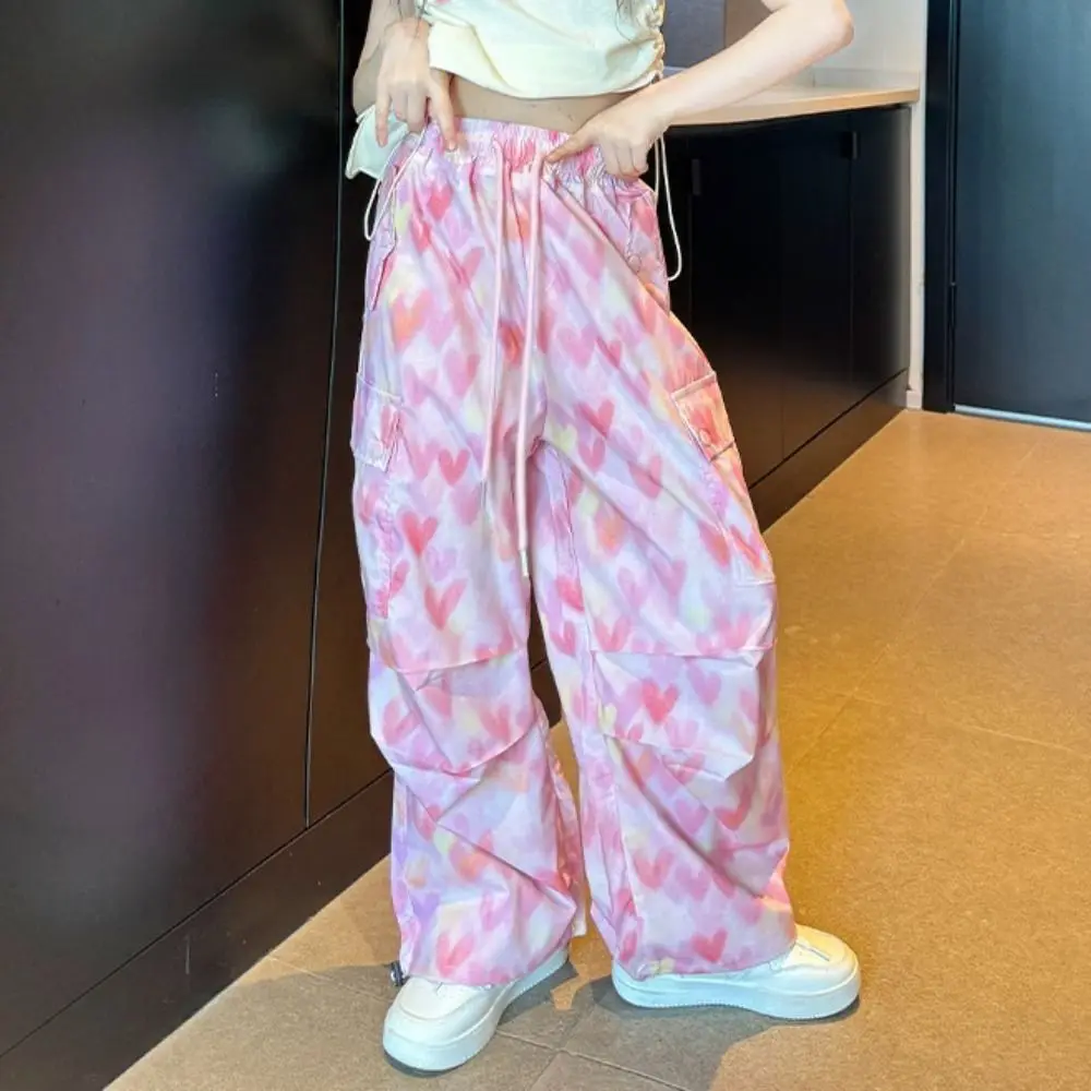 جيوب متعددة السراويل البضائع الفضفاضة الرباط ركض Y2k بنطال ذو قصة أرجل واسعة عالية الخصر الهيب هوب القلب الطباعة السراويل فتاة الرياضة