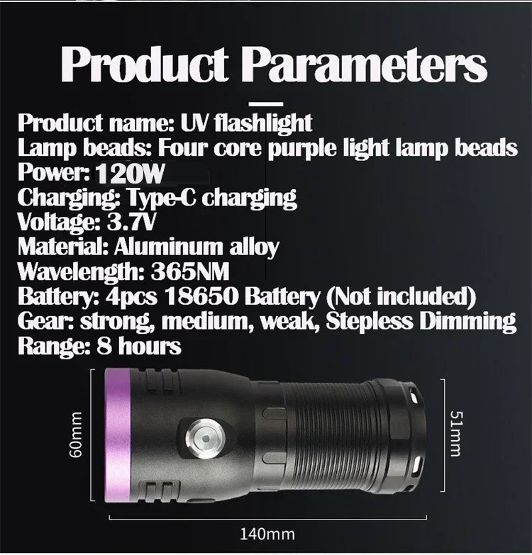 120W 6pcs 4-CORE 365NM UV Flashlight High Power Black Mirror Purple light Detection Torch Type-C Rechargeable Lantern use 18650