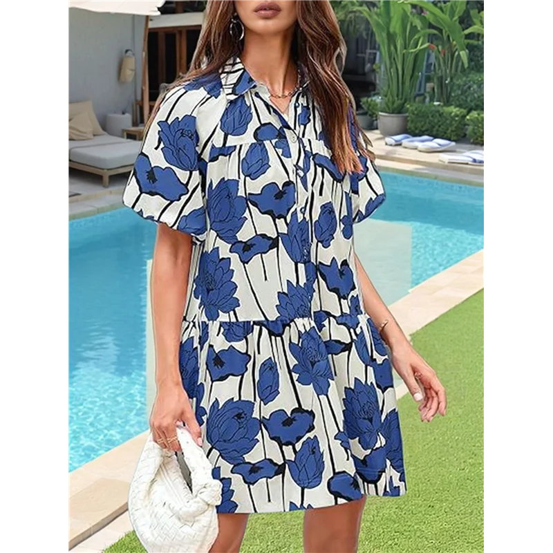 A83F-Vestito camicia abbottonato estivo da donna Mini abiti da spiaggia casual a maniche corte con sbuffo floreale