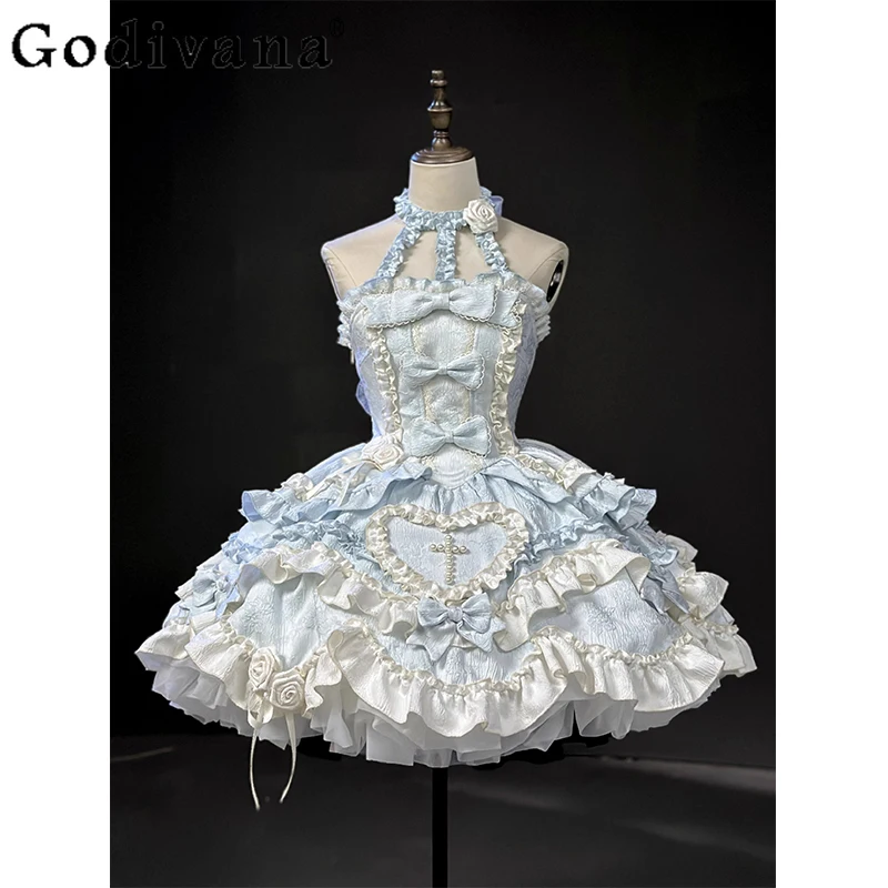 Blauwe Lolita Jurk Gothic Hoge Taille Slanke Elegante Boog Hals Mouwloze Prinses Jurk Jsk Lady Party Korte Jurk Vestidos Mujer