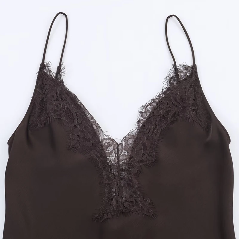 Women's Dress 2025 New Arrivals Spring Brown Asymmetrical Lace-Trim Satin Slip Dress Fashion Sexy Chic Women Satin Dress