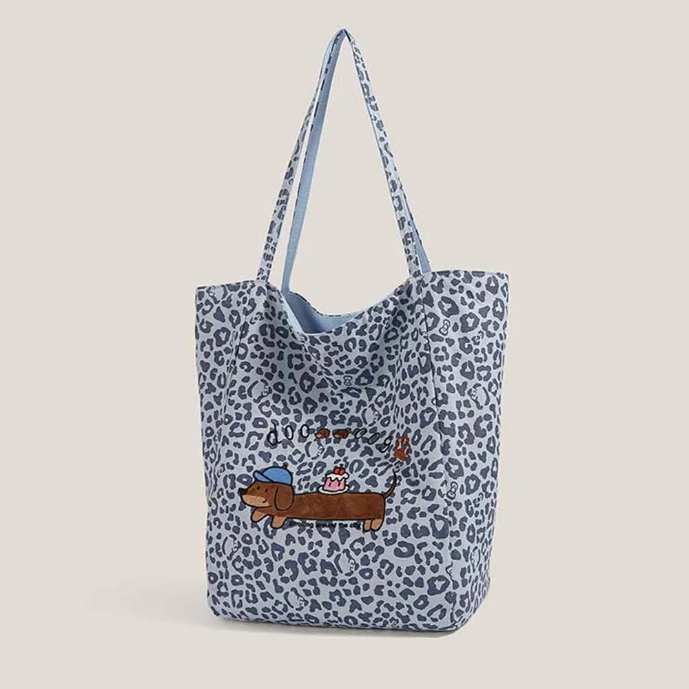 Double-Sided Dachshund Canvas Bag Large Capacity Foldable Leopard Bag Lightweight Casual Reversible Handbag School