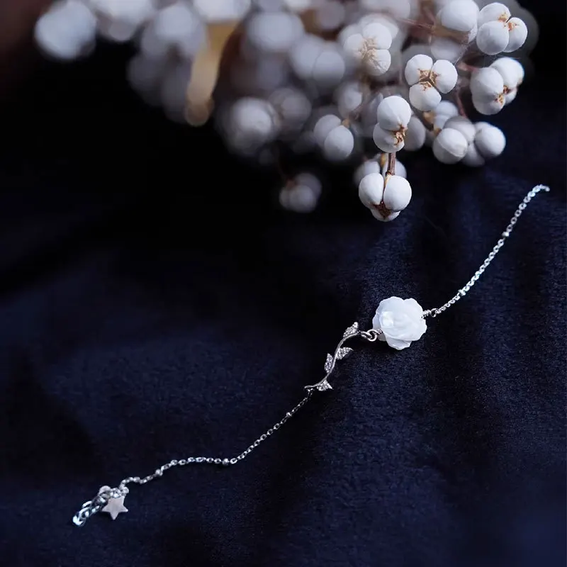 100% 925 Sterling Silver Shell Flower Bracelet for Women Girl Fashion Rose Foliage Simple Design Jewelry Party Gift Dropshipping