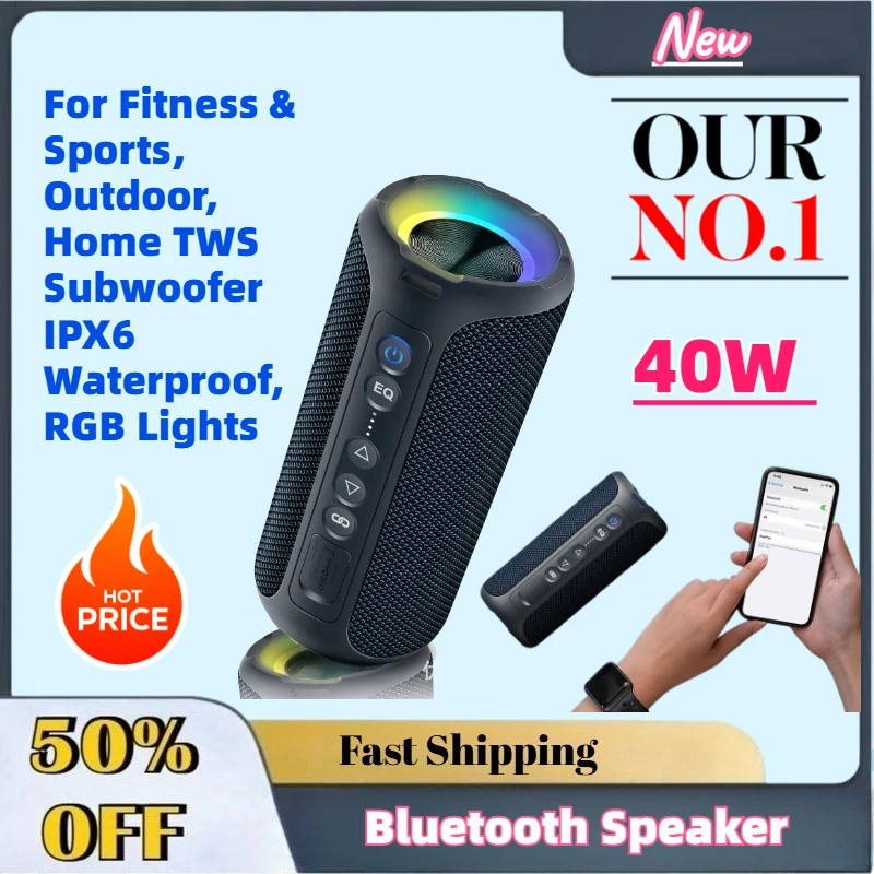 

High-Quality New 40W Wireless Bluetooth Speaker for Fitness & Sports, Outdoor, Home TWS Subwoofer IPX6 Waterproof, RGB Lights