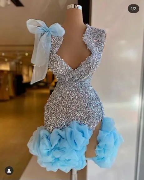 Glitter Sky Blue Tulle Mini Cocktail Dresses Pretty V Neck Tulle Flowers Short Prom Party Dress Should Bow Custom Cocktail Gowns