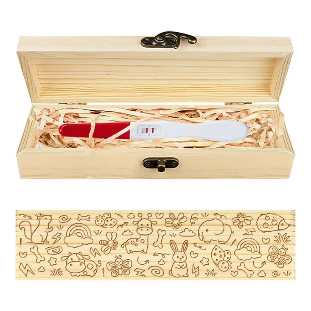 

Сувенирная коробка для теста на беременность с мультяшными животными, ежедневный элемент, деревянная коробка для объявлений о беременности с лентой из рафии и замком