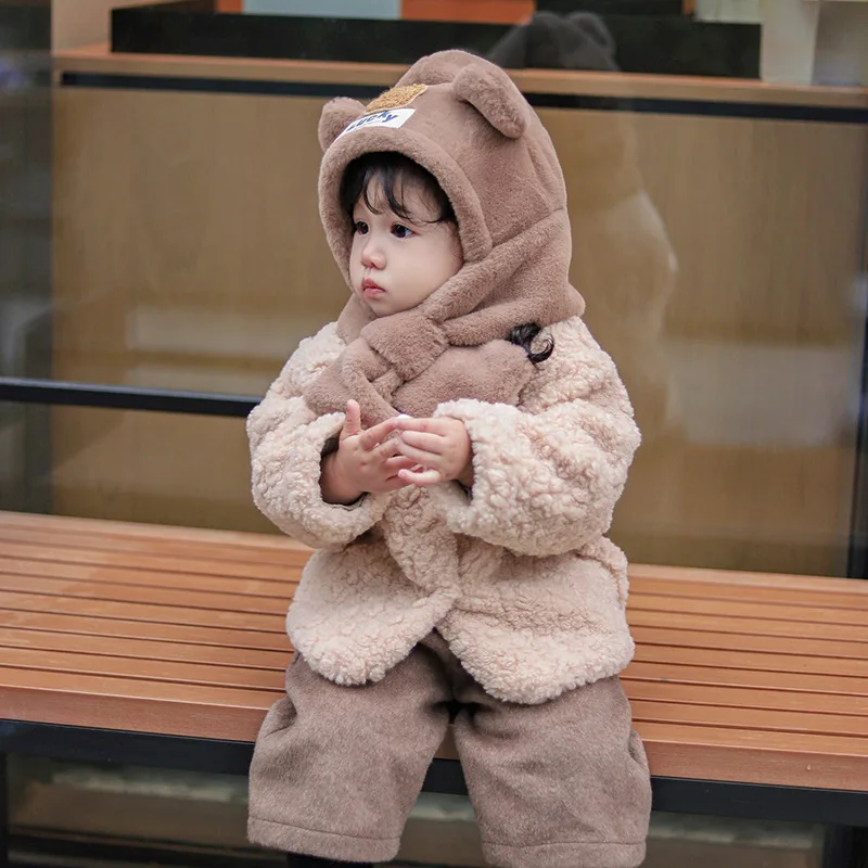 겨울 아기 플러시 스카프 모자 일체형 따뜻한 헤드기어 귀여운 곰 아이들 귀 보호 캡 1-5세 어린이 크로스 넥커치프 비니
