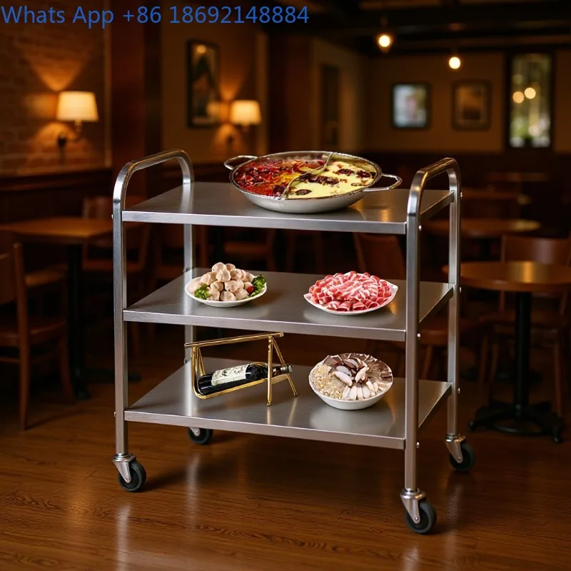Hotel Restaurant Three-layer Service Cart Wooden Three-wheeled Cart Trolley Tea Stainless Steel Dining Cart