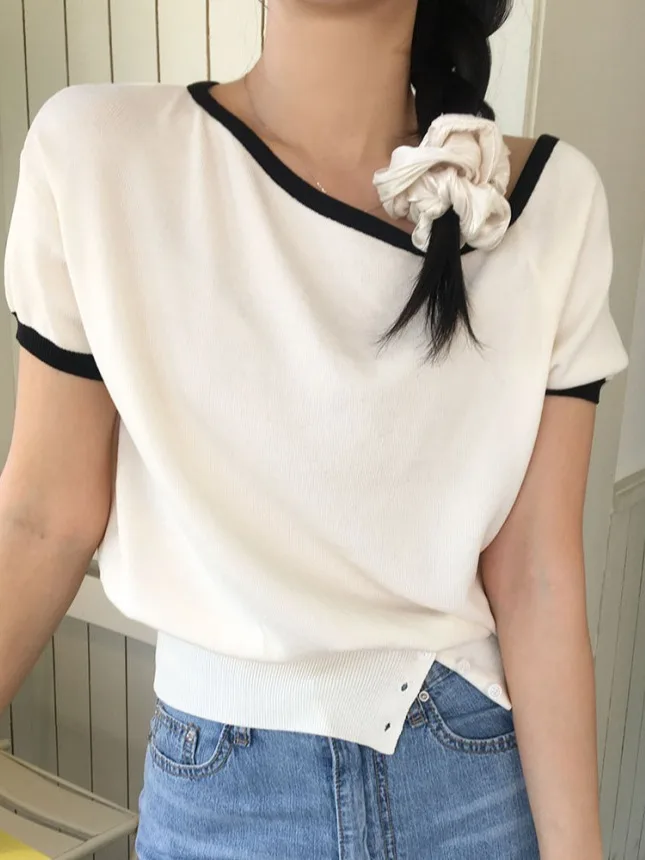 

Chic Summer New Sweet Anti-Aging oulder Bared Thin Knitted ort Sve Women's Top Trendy Casual Polyester Fiber 00%