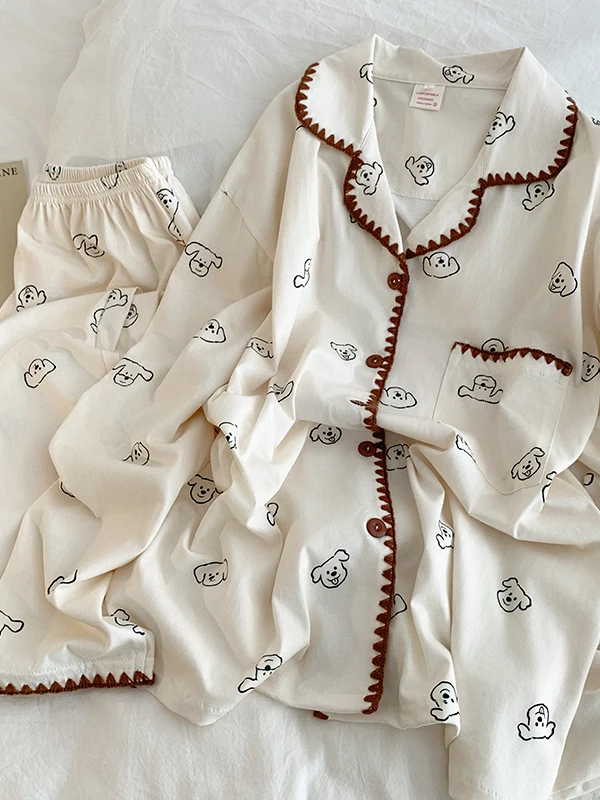 

Комплект домашней одежды из чистого хлопка с длинными рукавами и мультяшным принтом собаки в полоску, повседневная одежда для пар, весенний сезон, вышивка «Лунный зуб»