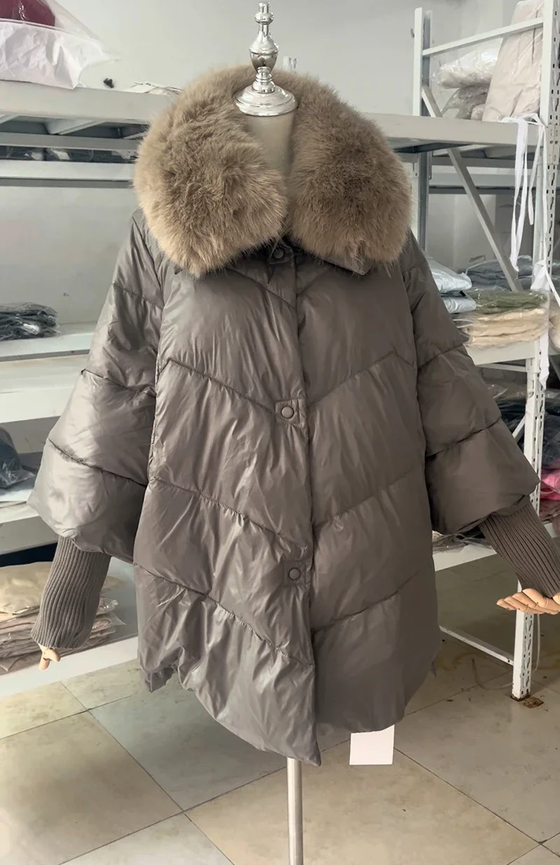 Winte White Down Duck Parka Big Fur Collar Cotton Padded Jacket Women Loose Puffer Coat Lightweight Pocket Female Outerwear