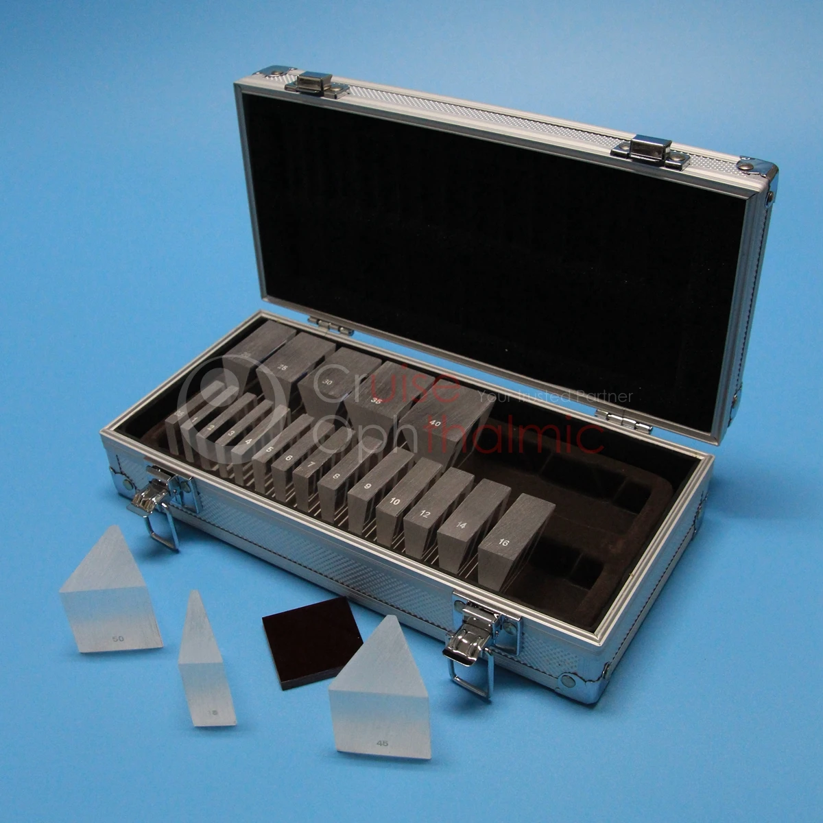 

Optometry Prism Blockers Set 22 Deltas | Aluminium Carrying Case | Optional Holding Bar | PMMA Material | PS22