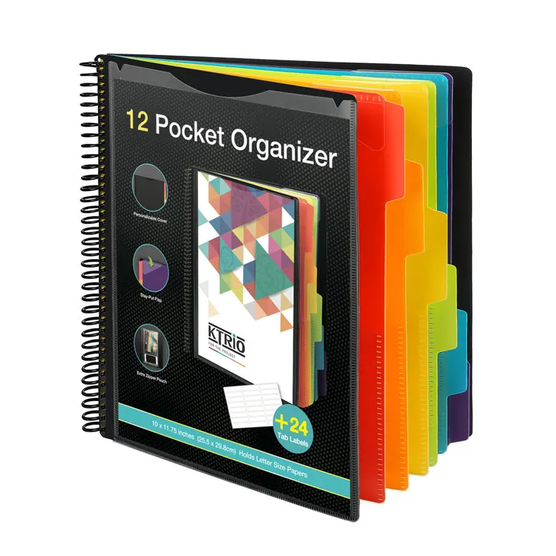 

12/24 Pockets Project Organizer, Folder Binder Spiral Pocket Storage Bag with Zipper Pocket, 6/12 Divider Pockets, Letter Size
