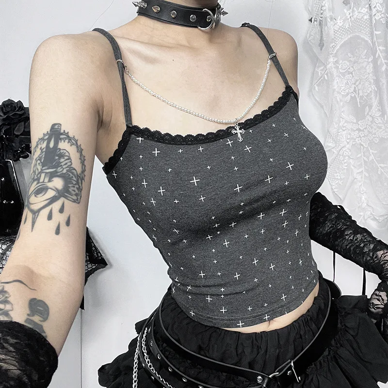 ISAROSE Y2K Gothic Summer Camisole for Women Dark Gray Adjustable Spaghetti Straps Lace Crop Tops with Cross Metal Pendant