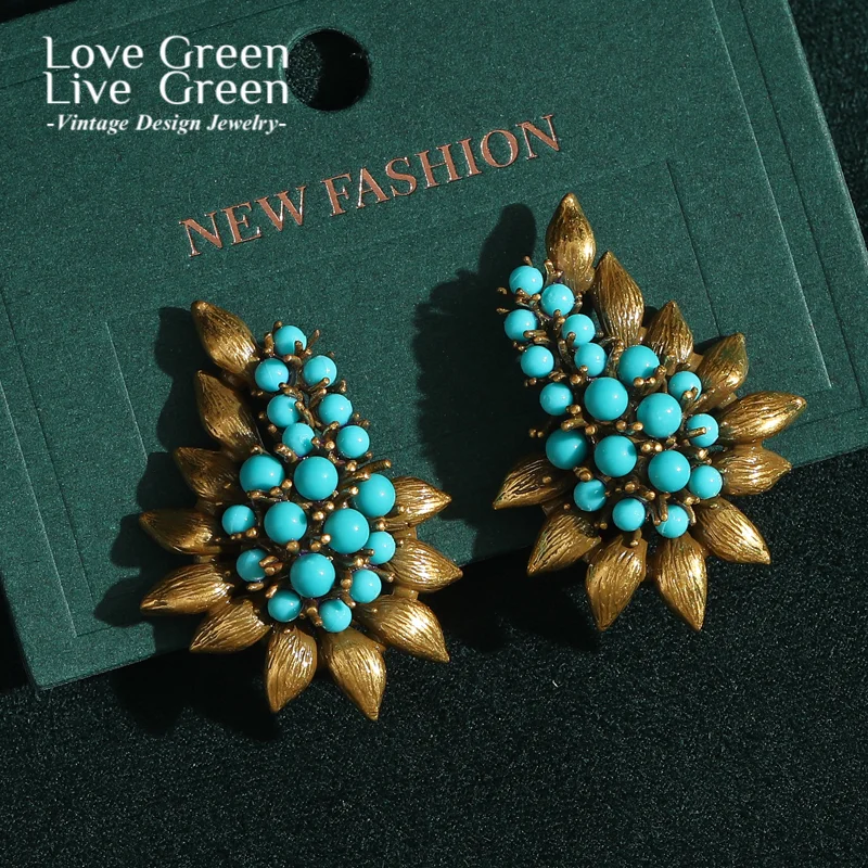 

Vintage Sea Blue Beads Tree Leaf Stud Earrings For Woman Turquoise Jewelry Antique Gold Color Bohemian Retro Outfits Luxury