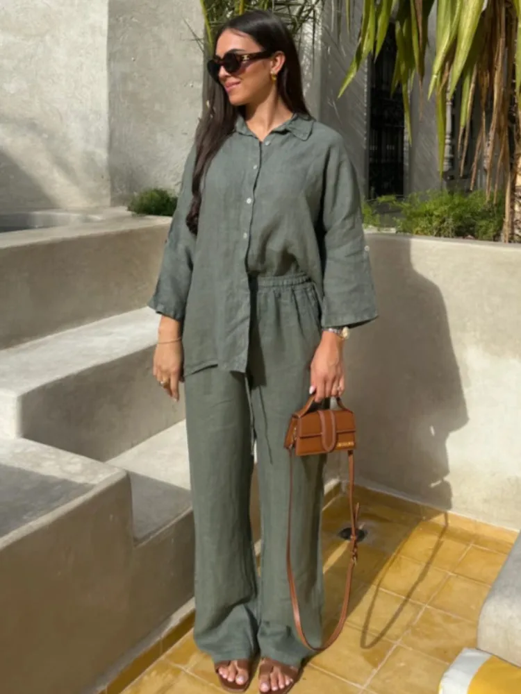 

Women's Suit Solid Cotton Linen Two Piece Set Spring Summer Fashion Button Shirt + Pants Sets Casual Loose Style 2 Piece Outfit