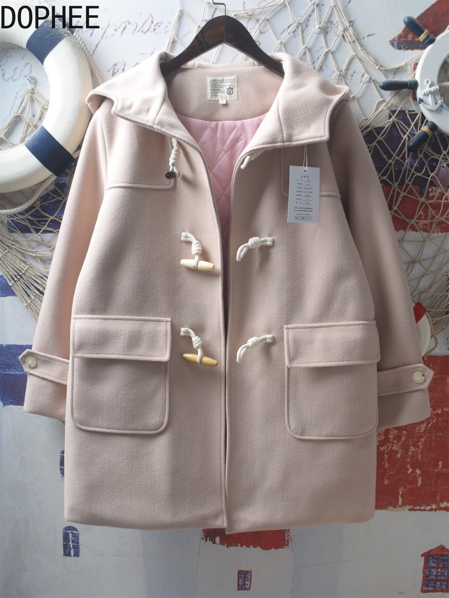 

Японское осенне-зимнее женское пальто с роговой пуговицей средней длины, утепленная стеганая шерстяная куртка, однотонные студенческие пальто с капюшоном