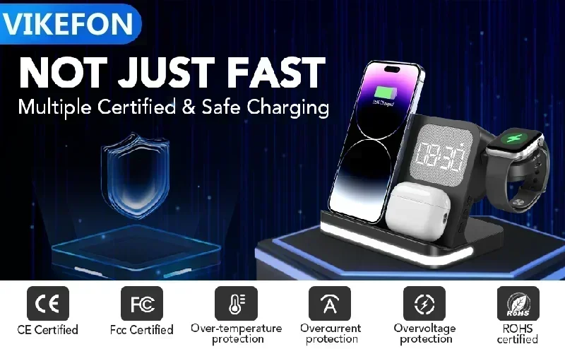 Telefonuhr Drahtloses Ladegerät mit LED-Licht Wecker für iPhone 16/15/14/13/12 Apple Watch 2-10 SE Airpods Pro Schnellladung – Detail 4